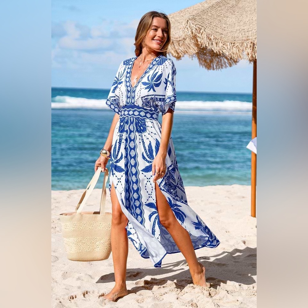 Cupshe Blue and White Floral V‑Neck Swim Coverup Maxi
